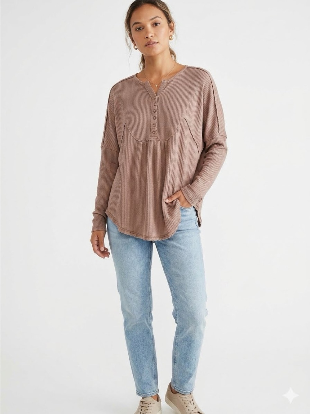 Free People Leo Relaxed Oversize Waffle Thermal Henley Top in Taupe Brown Size S